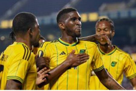Jamaica’s Damion Lowe celebrates his third international goal on Saturday night. 