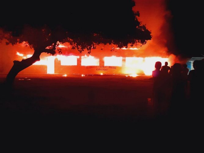 The St Angela Girls’ Hostel on fire (Marlon Edwards photo)