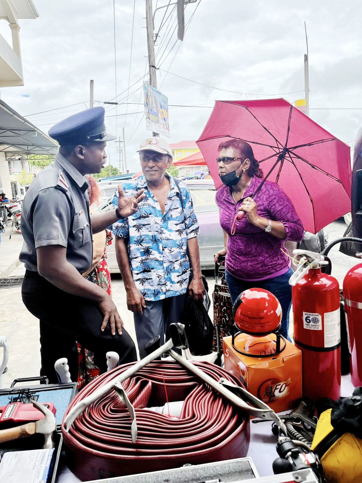  The Guyana Fire Service yesterday said that it interacted with over 500 people at the Mon Repos Market, East Coast Demerara on fire safety and other matters. It said that EMTs also administered free blood pressure and blood sugar testing to 136 individuals. (Guyana Fire and Rescue Service photo)
