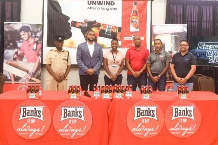 Nasrudeen Mohamed (second left) of Jumbo Jet Thoroughbred Racing Committee with other members of the head table at yesterday’s Guyana Cup Launch.