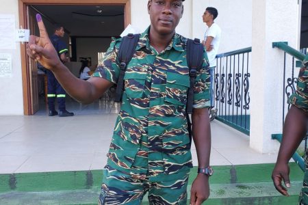 A member of the Guyana Defence Force after casting his ballot. (GDF photo)