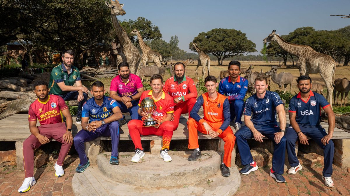 West Indies captain Shai Hope (front left) and the captains of the other nine teams taking part in the 2023 ICC Cricket World Cup Qualifier in Zimbabwe. (ICC photo) 