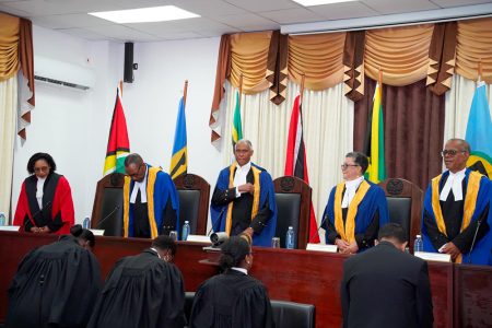 Judges of the Caribbean Court of Justice (CCJ) and members of the Guyana judiciary at the Arthur Chung Conference Centre for the court’s itinerant hearing yesterday. (Photo from Anil Nandlall SC’s Facebook page) 