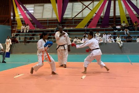A scene from the female kumite competition at the GKF National Junior Championships at the National Gymnasiums on Mandela Avenue.
