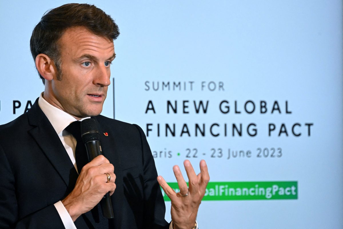 French President Emmanuel Macron speaks during the Alliance for Entrepreneurship thematic, as part of the New Global Financial Pact Summit at the Palais Brongniart in Paris, France, June 22, 2023. Emmanuel Dunand/Pool via REUTERS