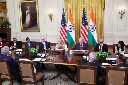 U.S. President Joe Biden and India's Prime Minister Narendra Modi meet with senior officials and CEOs of American and Indian companies, including Apple CEO Tim Cook and Satya Nadella, CEO of Microsoft, in the East Room of the White House in Washington, U.S., June 23, 2023. REUTERS/Evelyn Hockstein