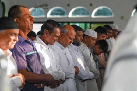 Eid prayers yesterday morning at the Leonora Sunnatul Jamaat. (Office of the President photo)