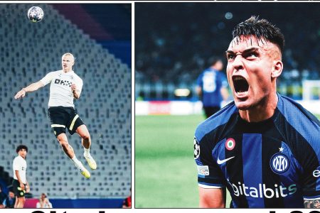 Today’s Champions League final can
easily be considered a battle between Manchester City’s high flying, goal thirsty Erling Haaland, left,  the fastest  and  youngest player to score 35 goals and Inter Milan’s Lautaro Martinez, who has scored  25 goals from 49 games.
