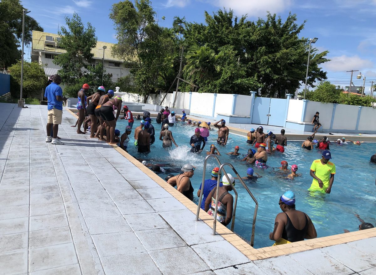  A scene from the opening day of the inaugural adult ‘Learn to Swim’ programme at the Colgrain Swimming facility on Camp Street, Georgetown.
