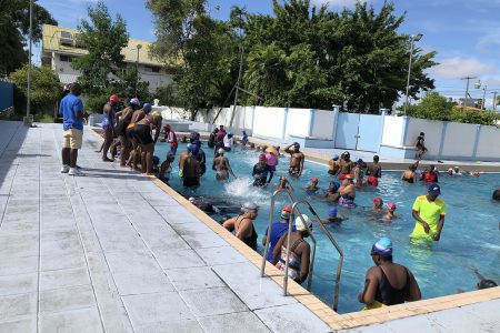  A scene from the opening day of the inaugural adult ‘Learn to Swim’ programme at the Colgrain Swimming facility on Camp Street, Georgetown.
