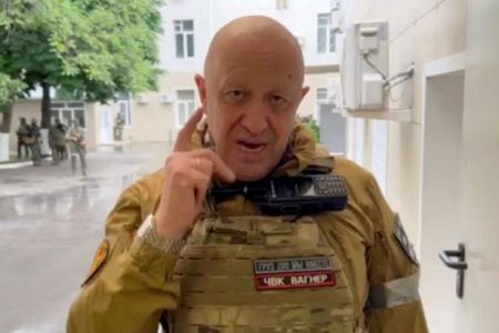 Founder of Wagner private mercenary group Yevgeny Prigozhin speaks inside the headquarters of the Russian southern army military command center, which is taken under control of Wagner PMC, according to him, in the city of Rostov-on-Don, Russia in this still image taken from a video released June 24, 2023. Press service of "Concord"/Handout via Reuters