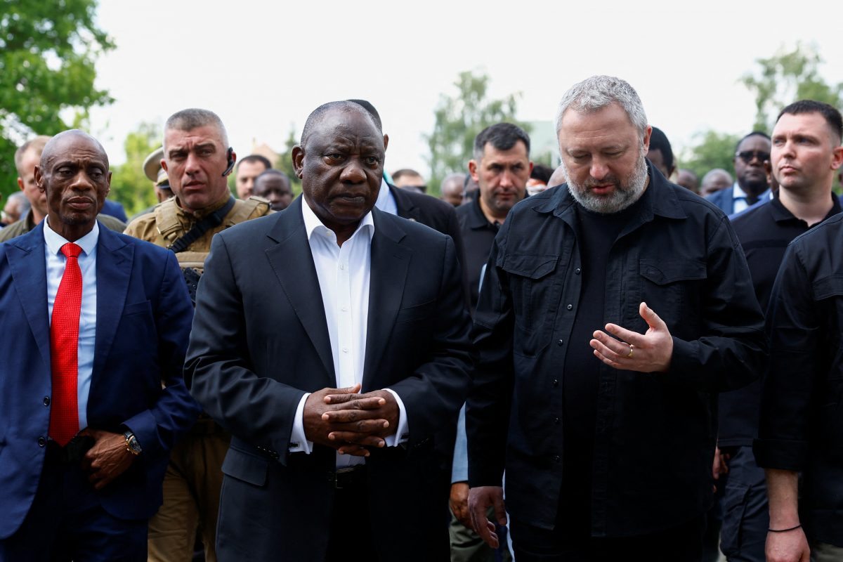 South African President Cyril Ramaphosa and Ukraine’s Prosecutor General Andriy Kostin visit a site of a mass grave, in the town of Bucha, amid Russia’s attack on Ukraine, outside of Kyiv, Ukraine June 16, 2023. REUTERS/Valentyn Ogirenko