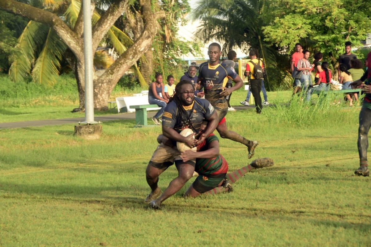 Falcon’s Theo Henry had a try and a conversion in the 31-7 rout of the GDF outfit on Saturday at the National Park. (Adrian Narine photo)