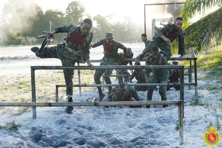 The Guyana Defence Force (GDF) 3 1 Special Forces Squadron (3 1 SF Sqn) defeated the 3 Infantry Battalion by 81 points to win the second-quarter Force Quarterly Fitness Competition which concluded at Base Camp Stephenson on Friday.  This GDF photo shows some of the action