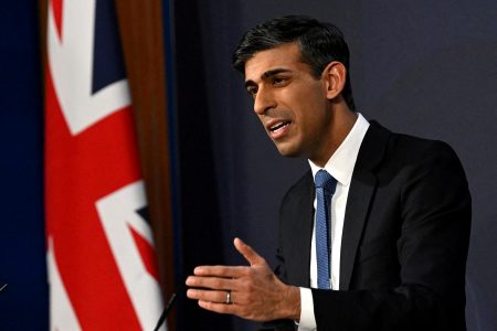 FILE PHOTO: LONDON, ENGLAND - MARCH 07: Prime Minister Rishi Sunak speaks during a press conference following the launch of new legislation on migrant channel crossings at Downing Street on March 7, 2023 in London, United Kingdom. Leon Neal/Pool via REUTERS/File Photo