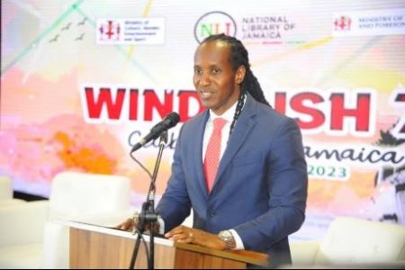Nicholas Nunes/PhotographerAlando Terrelonge, state minister in the Ministry of Culture, Gender, Entertainment and Sport, addresses the attendees at the ‘Windrush 75 Reflections from Kingston Harbour’ panel discussion at the MFAFT headquarter recently.