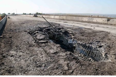 Damage to a bridge near the village of Chongar in the Kherson region of Ukraine on Thursday.Alexander Polegenko / Zuma Press
