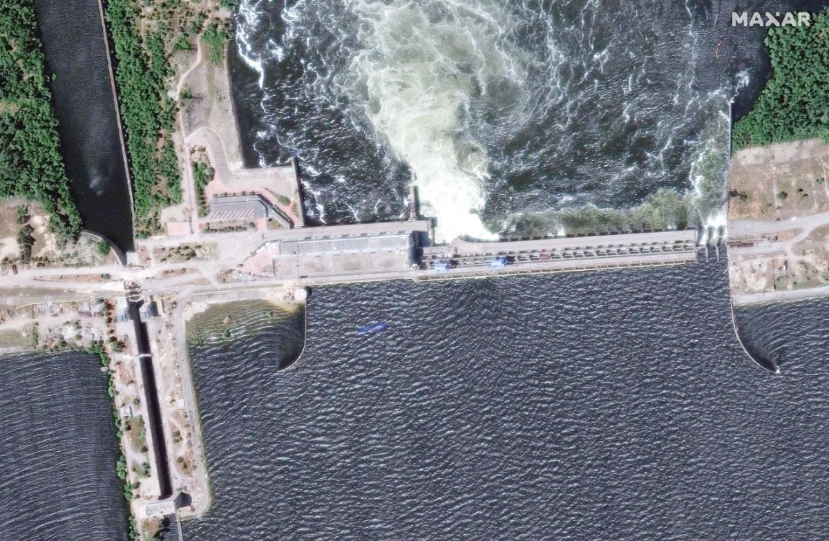 A satellite image shows a close-up view of Nova Kakhovka dam and hydroelectric power facility, Ukraine, in this picture obtained by Reuters on June 6, 2023. Maxar Technologies/Handout via REUTERS
