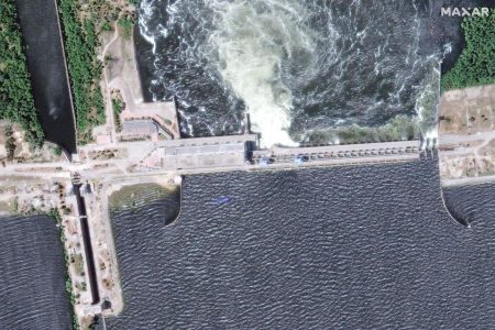 A satellite image shows a close-up view of Nova Kakhovka dam and hydroelectric power facility, Ukraine, in this picture obtained by Reuters on June 6, 2023. Maxar Technologies/Handout via REUTERS
