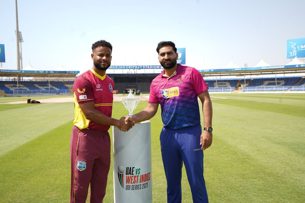 West Indies captain Shai Hope (left) and UAE captain Muhammad
 Wassem pose with the series trophy. (CWI Media photo) 

