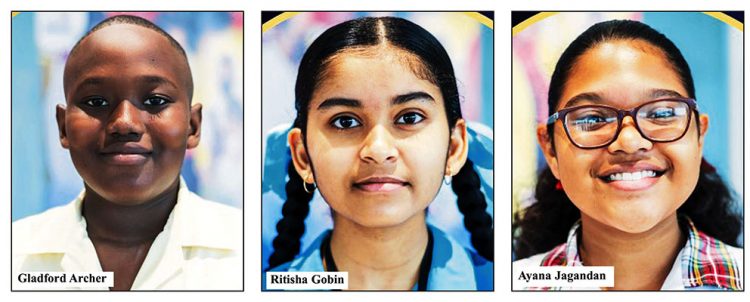 Gladford Archer of Leonora Primary, Ritisha Gobin of Academy of Excellence and  New Guyana School’s Ayana Jagandan are this year’s top National Grade Six Assessment performers. They scored 506.7 out of  507, the highest marks that could have been achieved. 