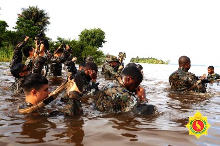 The second phase of the jungle training, amphibious phase, where students were taught how to infiltrate using outboard boat engines, recover a capsized boat and general outboard engine operations. This was part of the US-led EXERCISE TRADEWINDS 2023 which is ongoing in several parts of Guyana. (Guyana Defence Force photo)
