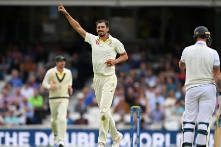 Mitchell Starc of Australia celebrating after dismissing England’s Ben Stokes enroute to his 4-82 in the 5th Ashes Test