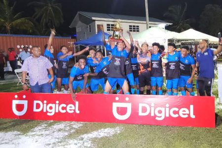 Joy! Bartica Secondary celebrating their Region #7 title after defeating DC Caesar Fox in the Digicel Schools Football Championship
