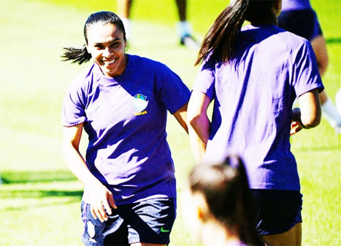 Brazil's Marta with teammates during training REUTERS/Dan Peled