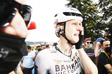 Stage winner Slovenia's Matej Mohoric cries after the nineteenth stage of the Tour de France cycling race over 173 kilometers (107.5 miles) with start in Moirans-en-Montagne and finish in Poligny, France, Friday, July 21, 2023. © Tim De Waele, AP 