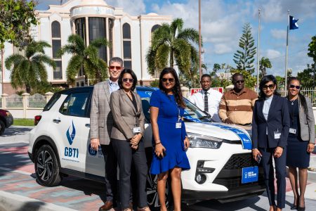 GBTI CEO James Foster (left), Business Development Manager, Rawattie Mohandeo, Marketing Manager Pernell Cummings and other team members at the dream big housing loan promotion launch.