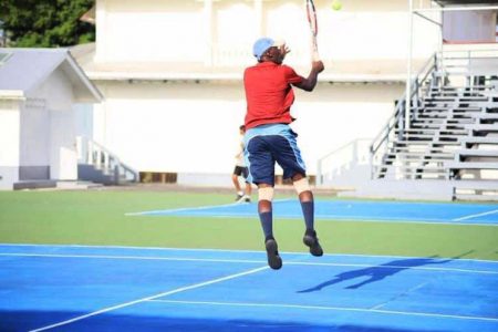 Part of the action in the Men’s Open in the GTA ‘One Guyana Open Championship’ at the National Racquet Centre
