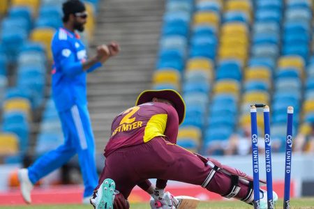Castled! Shimron Hetmyer is bowled for 11 by India’s Ravindra Jadeja as West Indies were bundled out for a paltry 114 in the 1st ODI at Kensington Oval