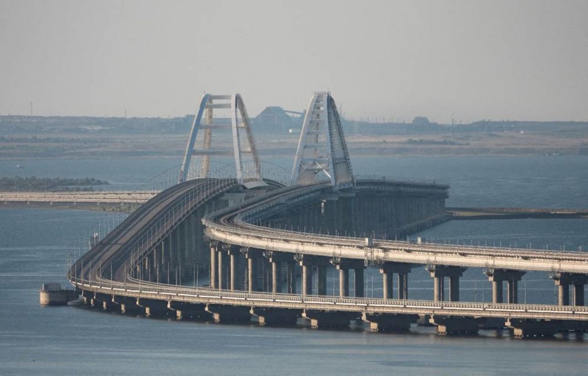 A view shows the Crimean bridge connecting the Russian mainland with the peninsula across the Kerch Strait, Crimea, July 17, 2023.  REUTERS/Stringer