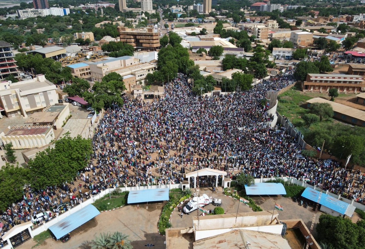 Demonstrators gather in support of the putschist soldiers in Niamey, the capital city of Niger July 30, 2023. REUTERS/Stringer