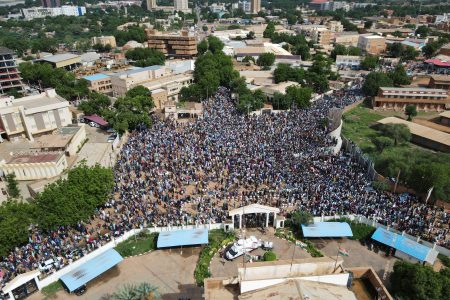 Demonstrators gather in support of the putschist soldiers in Niamey, the capital city of Niger July 30, 2023. REUTERS/Stringer