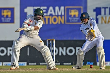Imam-ul-Haq plays a cut shot during his unbeaten half century as he
steered Pakistan to a four wicket win over hosts Sri Lanka in the 1st Test at Galle