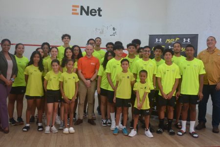 The 28-member National Junior squad with President of the GSA David Fernandes and sponsors representatives Robert Hiscock and Pamela Manasseh