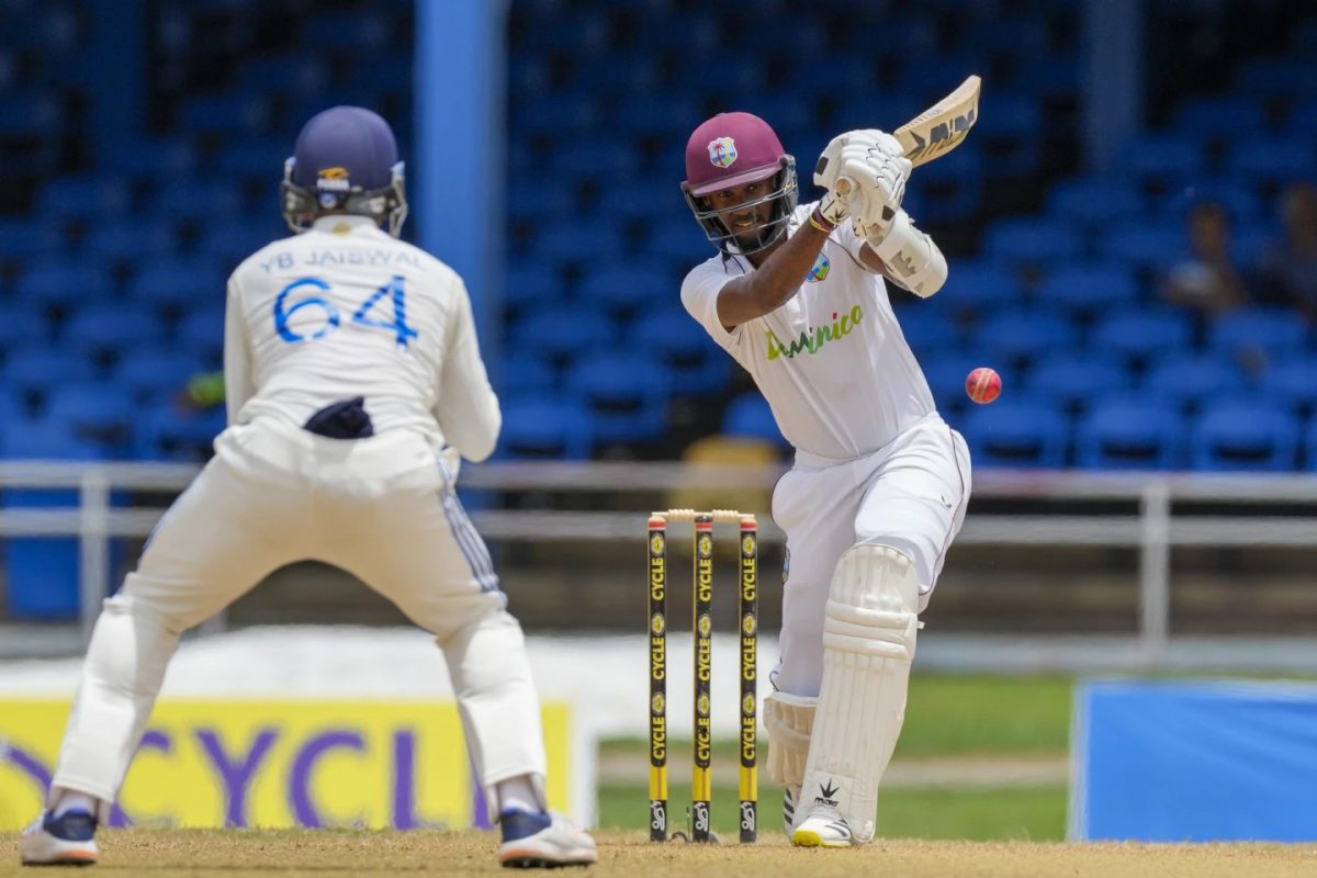 Kraigg Brathwaite plays down the ground during his gritty 75 against India in the 2nd Test
