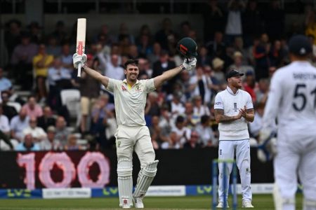 Mitchell Marsh of Australia celebrating after reaching his
century against England in the 3rd Ashes Test match