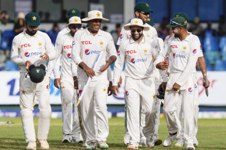 Noman Ali (centre) of Pakistan leading the team off the field after claiming a career-best 7-70 against Sri Lanka in the 2nd Test
