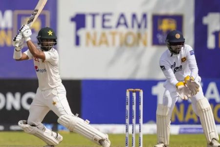Pakistan’s Saud Shakeel on the attack against Sri Lanka enroute to his unbeaten 69