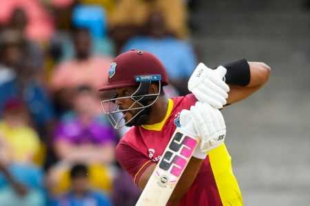 West Indian captain Shai Hope punches off the back-foot
during his unbeaten 63 which guided West Indies to a series
leveling win against India in the 2nd ODI
