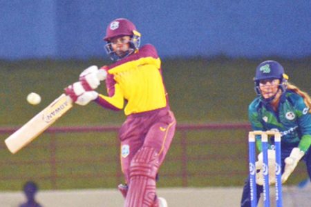 Vice-captain Shemaine Campbelle swings during her invaluable knock at the end West Indies Women’s innings (Photo courtesy CWI Media)