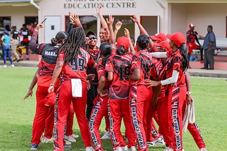 Players from hosts Trinidad & Tobago celebrate after they won the Cricket West Indies Rising Stars Under-19 Women’s Championship on Saturday. (CWI Media photo) 
