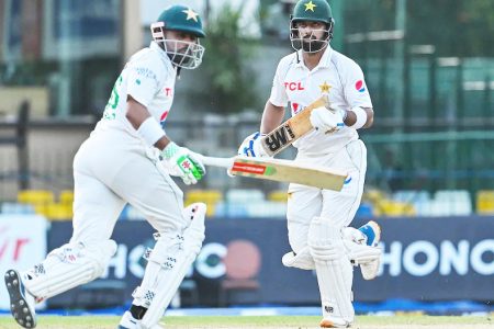 The duo of Babar Azam (left) and Abdullah Shafique pushed Pakistan ahead before heavy rainfall curtailed the second day of the 2nd Test against Sri Lanka
