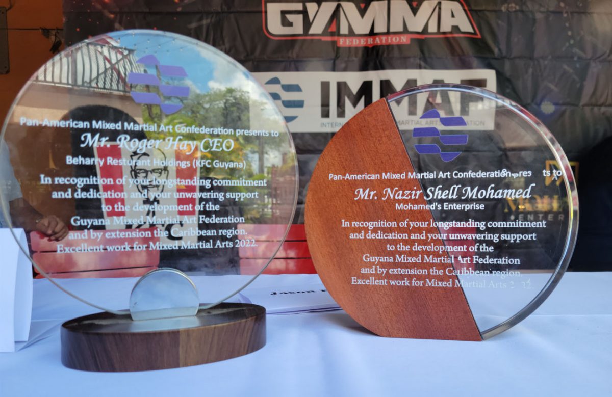 The two tokens which were presented to Beharry Restaurant Holdings under its KFC brand (left), and Mohamed’s Enterprise
for their contribution to the development of MMA in Guyana