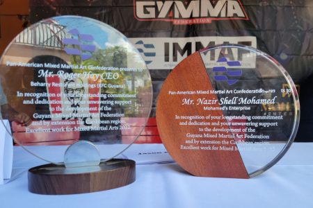 The two tokens which were presented to Beharry Restaurant Holdings under its KFC brand (left), and Mohamed’s Enterprise
for their contribution to the development of MMA in Guyana