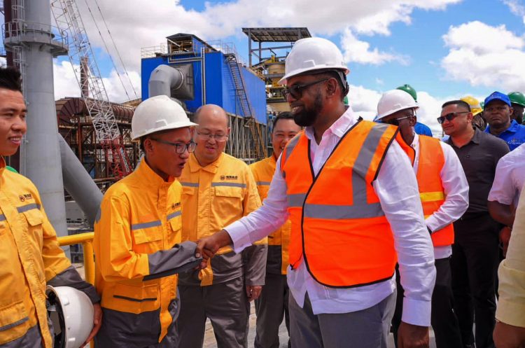 President Irfaan Ali (centre) at the site yesterday. (Office of the President photo)