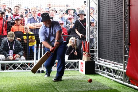 Former England cricketer Mike Gatting
plays in a cricket net during lunch
Action Images via Reuters/Andrew Boyers